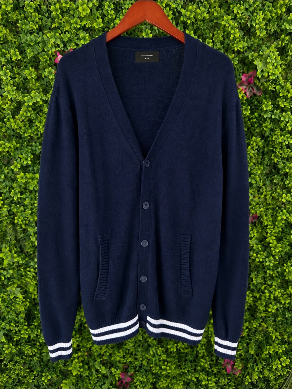 Cotton On Navy Varsity Stripe Button Front Cardigan Sweater 100% Cotton Size M/L - Picture 2 of 7